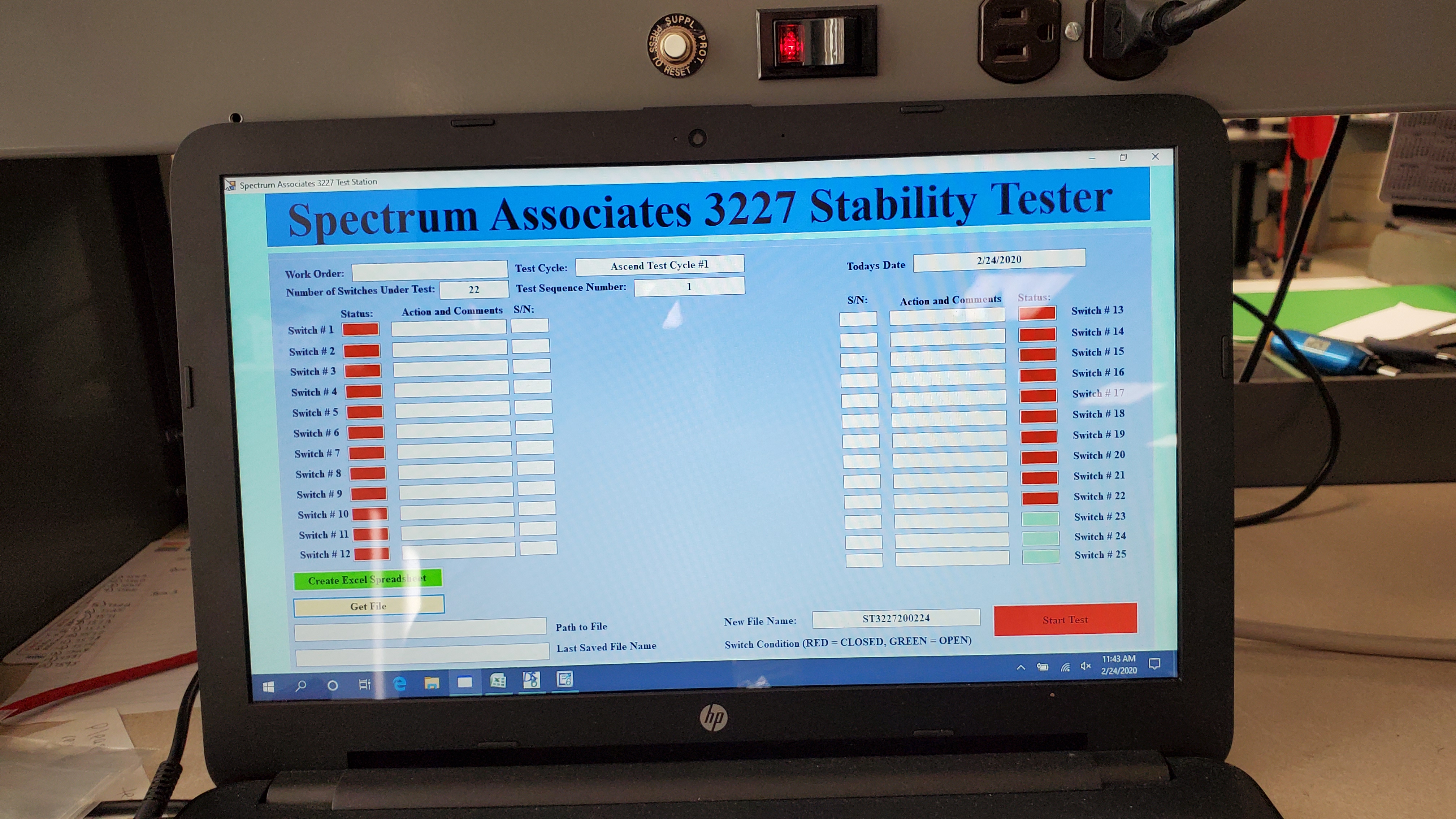 HMI screen for Spectrum Associates stability tester showing switch status and logging controls